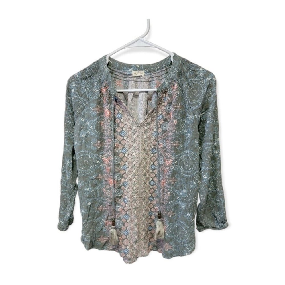 Boho V-Neck Tassel Blouse in Sage Green